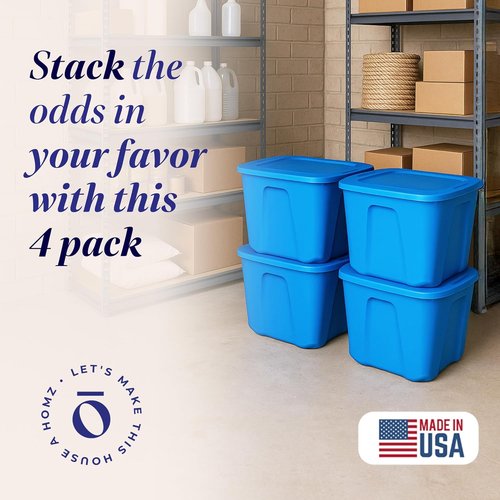 HOMZ 10 Gallon Durable Molded Storage Bins - Stackable Plastic Containers with Lids, Blue