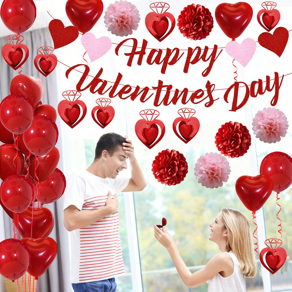 Valentines Day Decorations, Happy Valentines Day Banner and Red Heart Balloons for Valentines Decor with Paper Flowers and Heart Hanging Decor