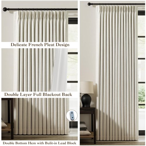 IVAPUPU Natural Pinch Pleated 100% Blackout Linen Curtains 90 Inch Length for Bedroom, Black Out Pinch Pleat Curtains for Living Dining Room Darkening Thermal Insulated Drapes with 16 Hooks, 2 Panels