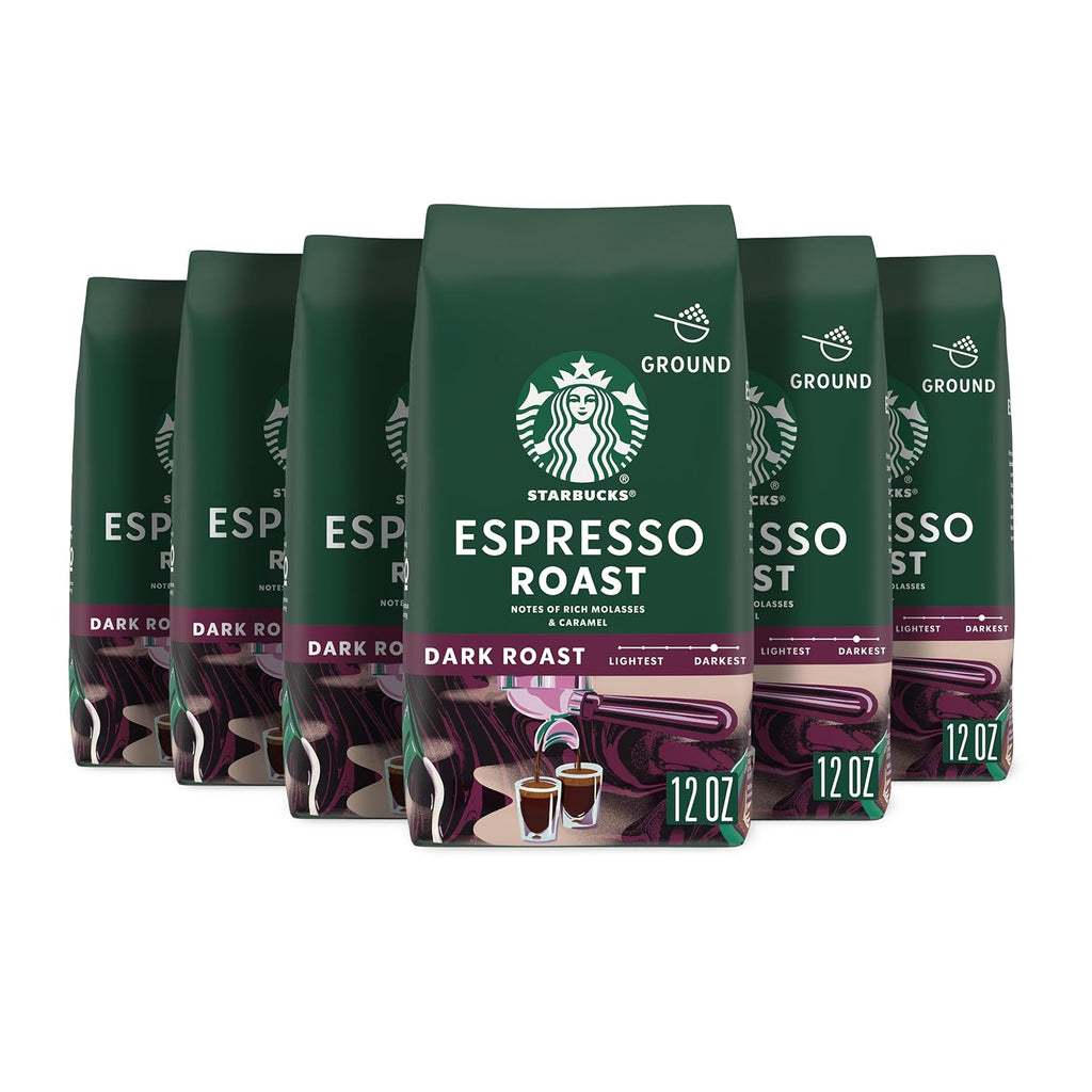 Starbucks Ground Coffee - Dark Roast Espresso Blend | Six 12 oz Bags for Hot or Iced Coffee