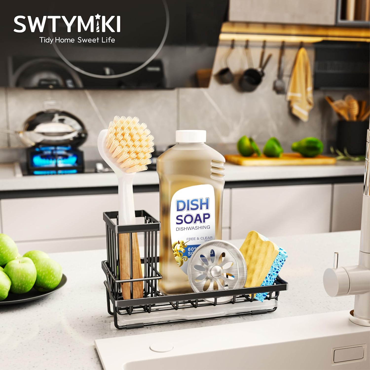 SWTYMIKI Sink Caddy Sponge Holder - Stainless Steel Kitchen Organizer for Soaps & Sponges | Black