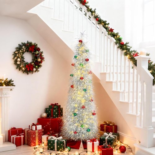 BrilliantJo 6ft Artificial Christmas Tree - Lighted & Ornamented | Collapsible Silver Tinsel Design
