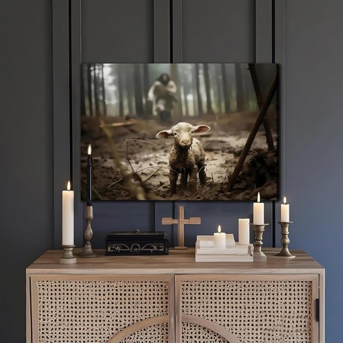 Framed Jesus Christ Wall Art - Canvas Painting of Jesus and Lamb | Biblical Decor for Churches & Prayer Rooms - 12" x 16"