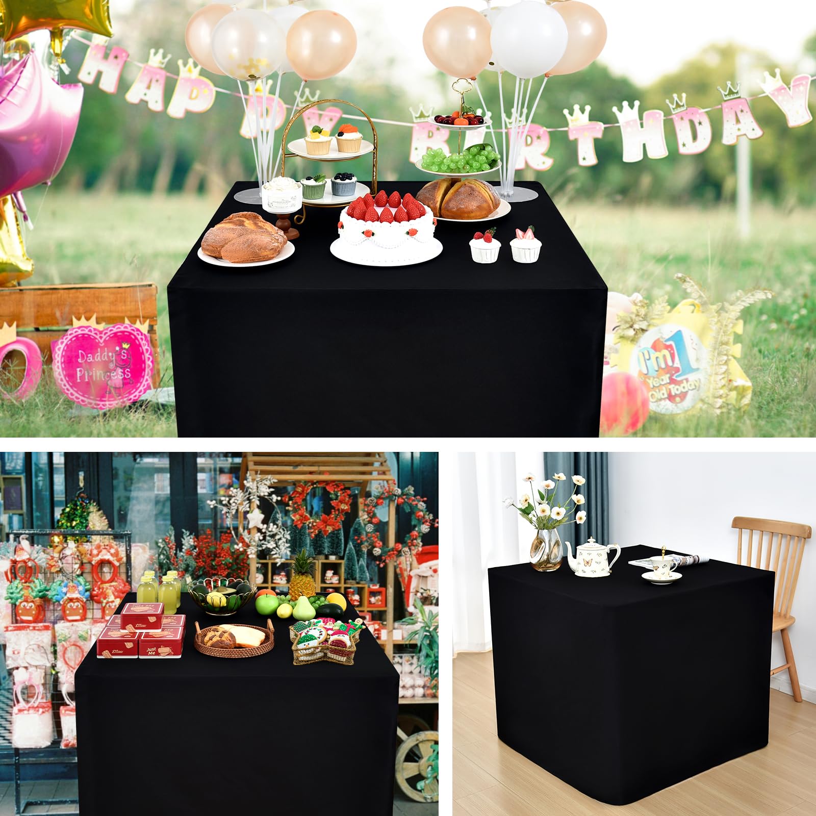 Nacuci 34X34 Inch Black Square Fitted Tablecloth Open Back Fitted Table Cloth Washable Polyester for Folding Table Display Trade Show Party Wedding Banquet Birthday