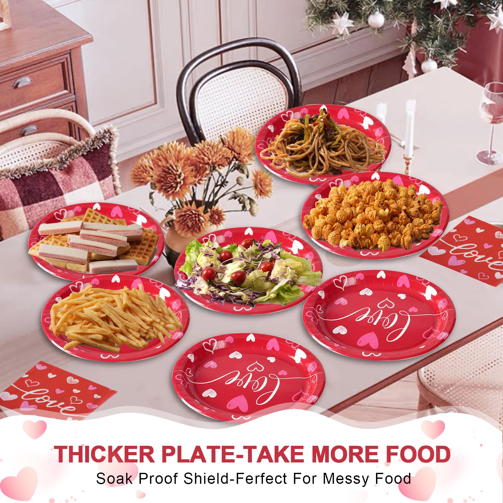 Dereinwo 50Pcs Valentines Day Large 12" x 10" Oval Paper Plates and Napkins Disposable Heavy Duty Paper Plates and Napkins for Valentines Day Party Supplies