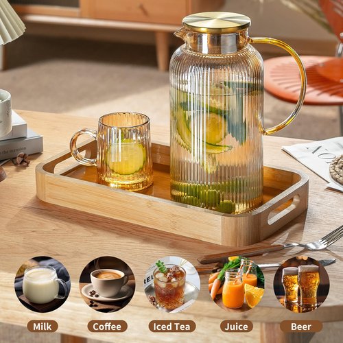 Buaic 2 PACK Glass Pitcher with Lid, 68 oz/ 2 Liter Amber Classic Vertical Stripes Water Pitcher,Glass Water Carafe for Cold Brew, Coffee, Lemonade, Iced Tea,Beverage, Heat Resistant Water Glass Jug