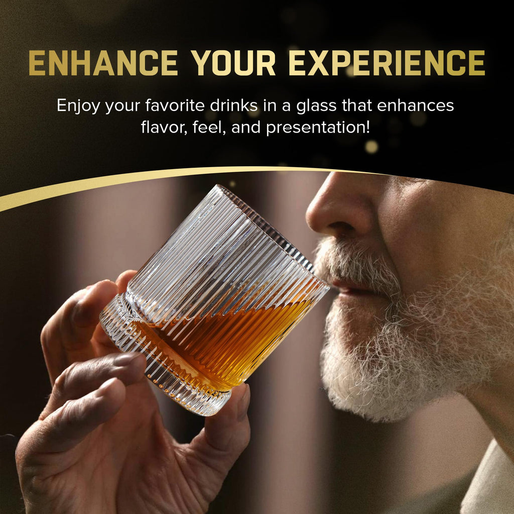 VUNDO Ribbed Whiskey Glasses Set of 8, 12 Oz Lead-Free Crystal Heavy Base Barware Glass, Perfect for Bourbon Rocks Cocktail Scotch Drinking