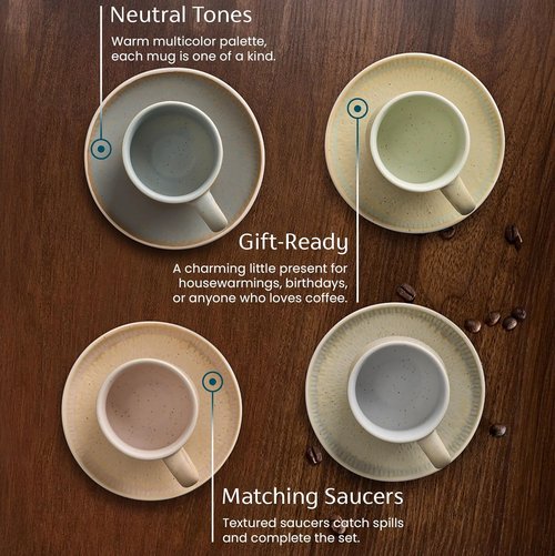 KooK Espresso Mug and Saucer Set - Rustic Ceramic Cups with Feathered Texture | Dishwasher Safe, 2.7 oz, Set of 4