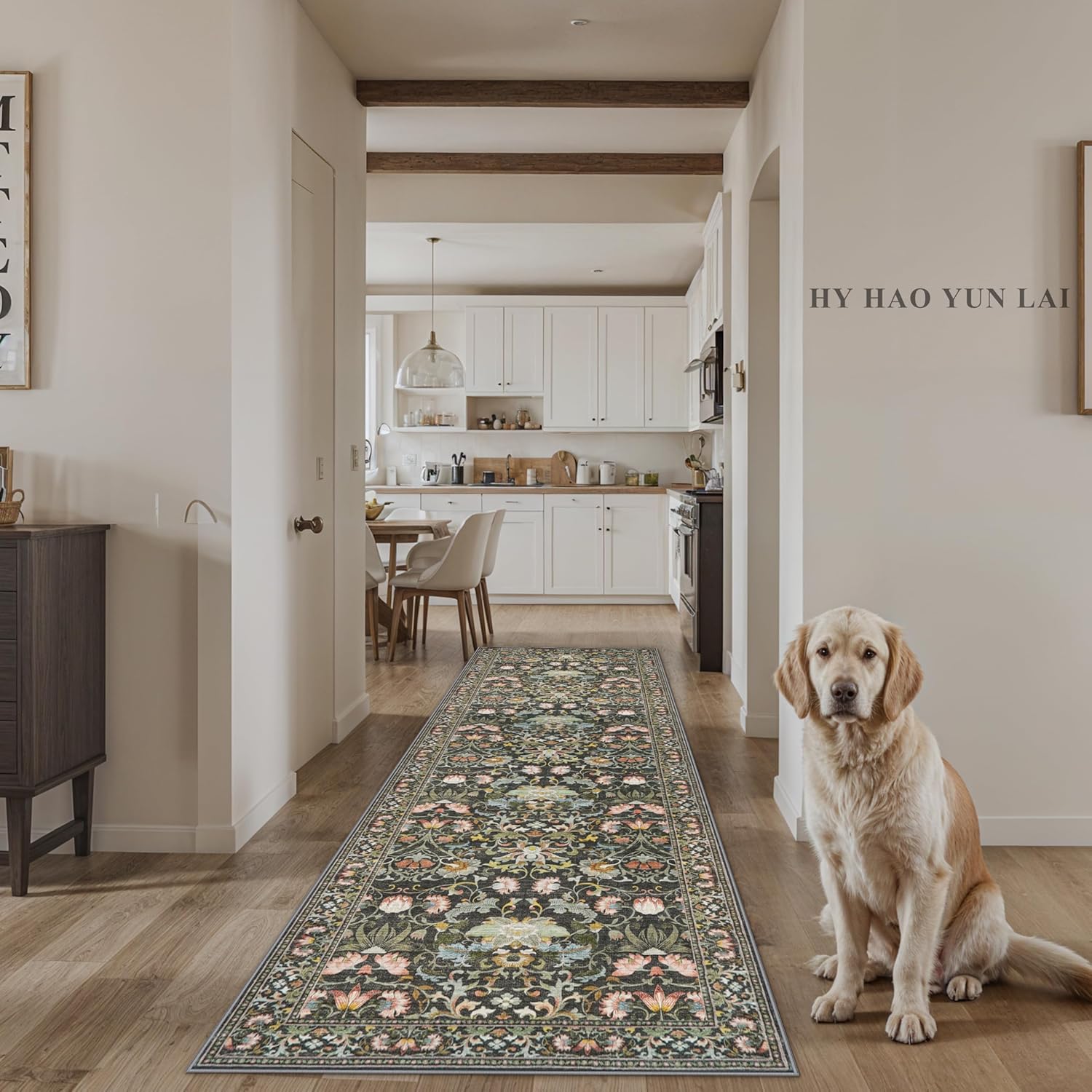 Skiennix Wide Hallway Runner Rug - 3x10 Water-Resistant Vintage Soft Carpet | Non-Slip Indoor Mat in Green