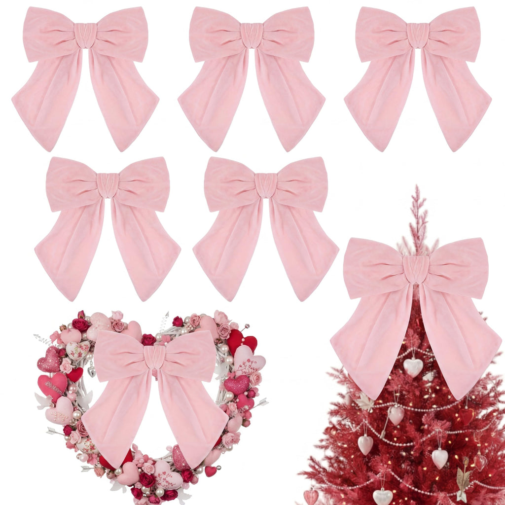 Riceshoot 5 Pcs Valentine's Day Velvet Bows 11'' x 16'' Large Velvet Ribbon Bow for Wreaths Pre-Tied Bowtie for Valentines Gift Wrapping Romantic Festive Party Decoration(Light Pink)