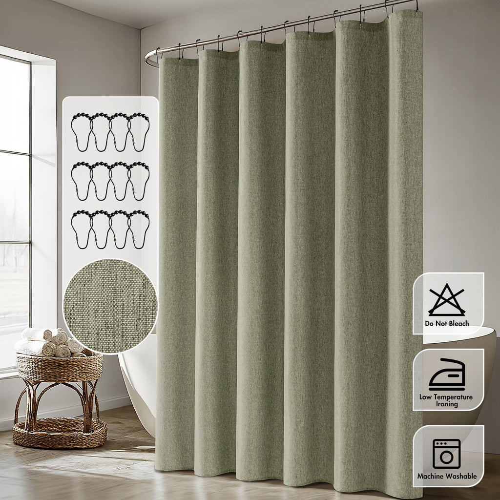 ANRODUO Olive Green Linen Textured Fabric Shower Curtain Set - 72"x72" with 12 Rust Resistant Durable Metal Hooks, Waterproof & Heavy Duty Polyester, Button Hole Design, Machine Washable for Bathroom