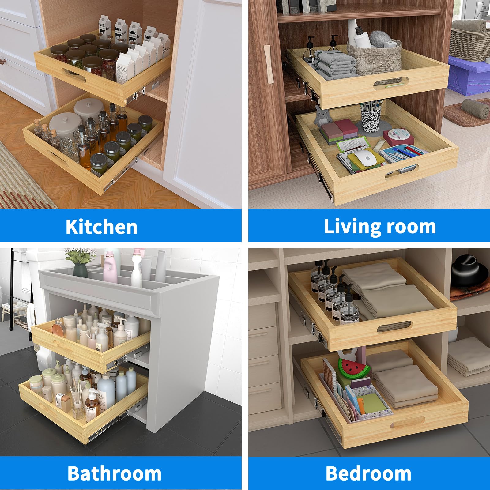 Petpvilit Pull Out Cabinet Organizer for 30.5" Wide or Larger Cabinet, 1PC 29" W x 21" D Soft Close Slide Out Wood Drawer Storage Shelves for Kitchen,Finished, Heavy-Duty, Bottom Assembly