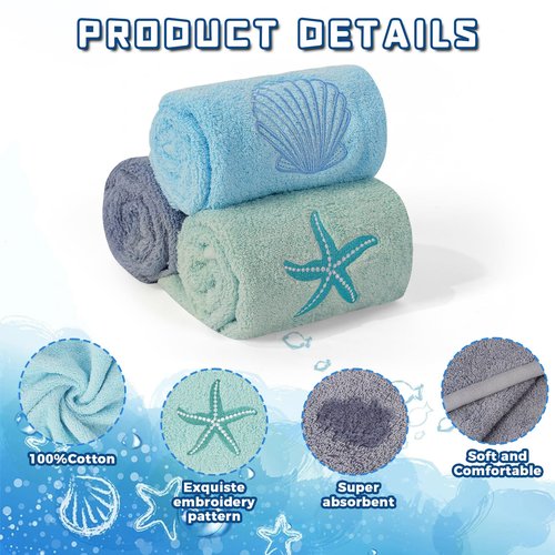 Ddeetodu 3 Pcs Coastal Hand Towels Ocean Decorative Bathroom Towels Decors Beach Hand Towel Embroidered Towel Decorative Set 100% Cotton Soft Absorbent Towels for Bathroom Decors