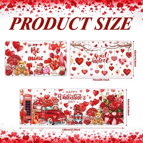 Drydiet 3 Pcs Valentine's Day Kitchen Rugs and Mats Set Love Heart Red Non Slip Rug Gnome Roses Waterproof Floor Mat for Romantic Valentines Kitchen Entrance Bar Office Home Bathroom Door Party Decor