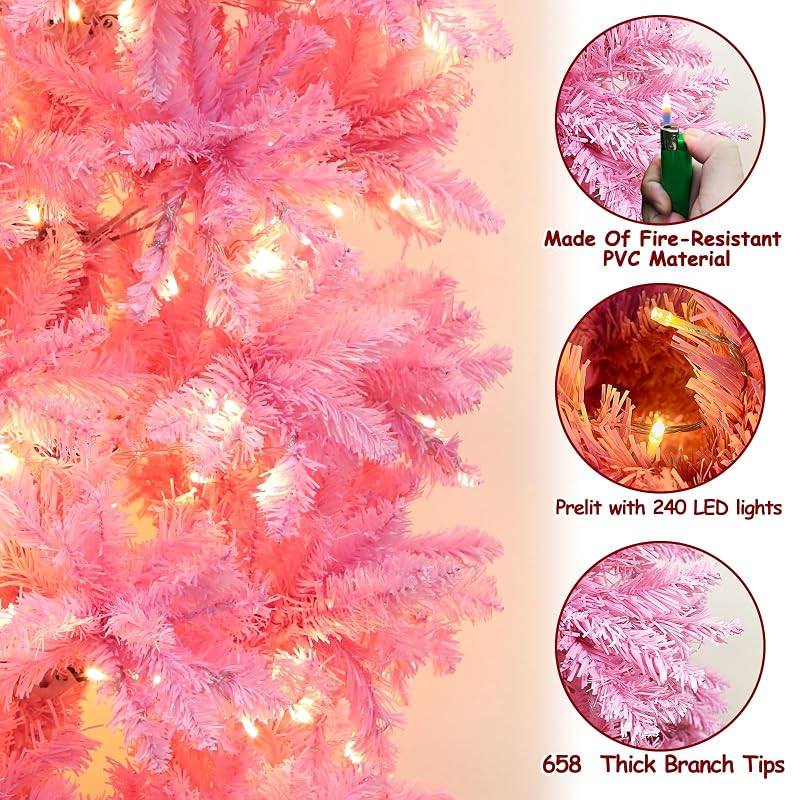 6ft Prelit Pink Artificial Slim Christmas Tree with 240 Warm LED Lights - Variation: Pink
