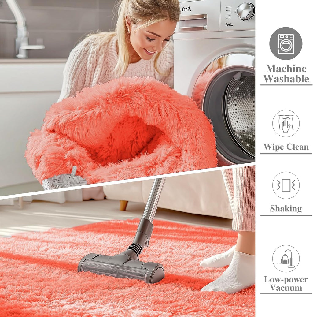 OLANLY Runner Rugs - Machine Washable Soft Fluffy Shaggy Design | Coral Red, Perfect for Hallways & Bedrooms