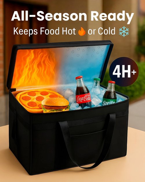 Bodaon Insulated Food Delivery Bag with Included Baseboard, Heavy-Duty Thermal XXXL Cold/Hot Lunch Warmer for Delivery Drivers, Reusable Grocery Carrier for Pizza, Drinks, Camping, Commercial, Black