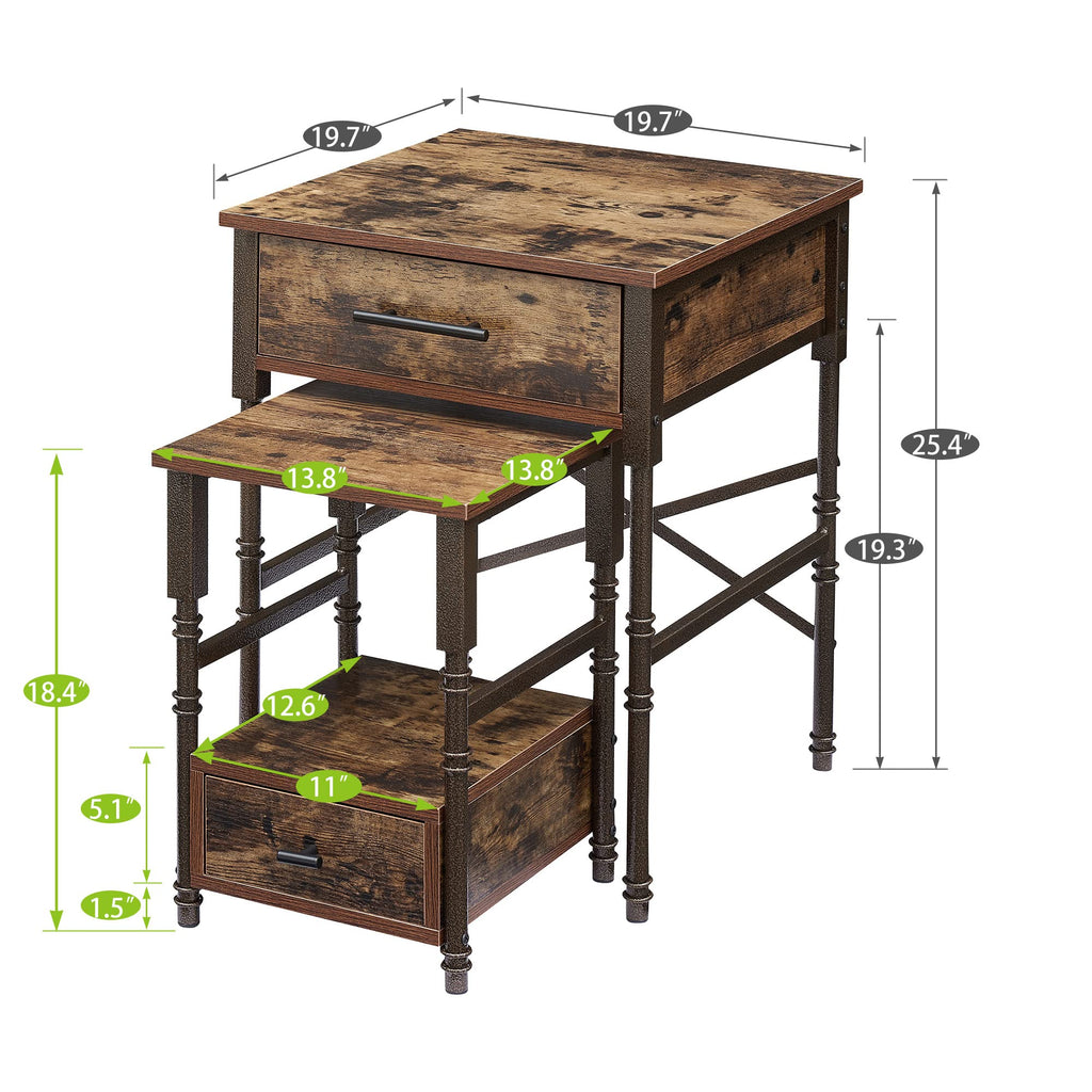 VECELO Vintage Nightstand Set of 2, End/Side Table with Storage Drawer, Stable Frame, BrownG