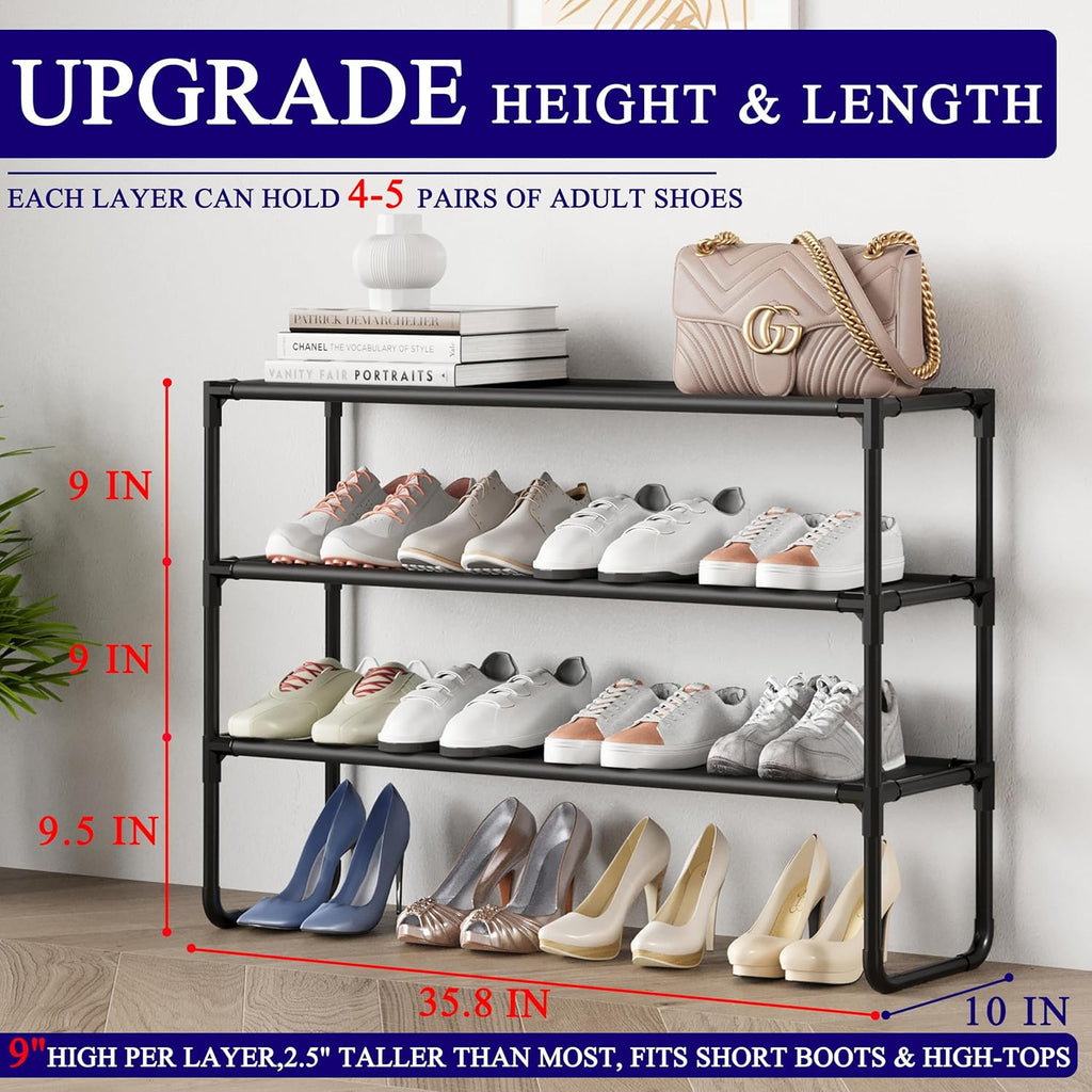 Skiennix 3-Tier Shoe Rack - Stackable Organizer for Closet & Entryway | Holds 16-20 Pairs, Black (35.8" Wide)