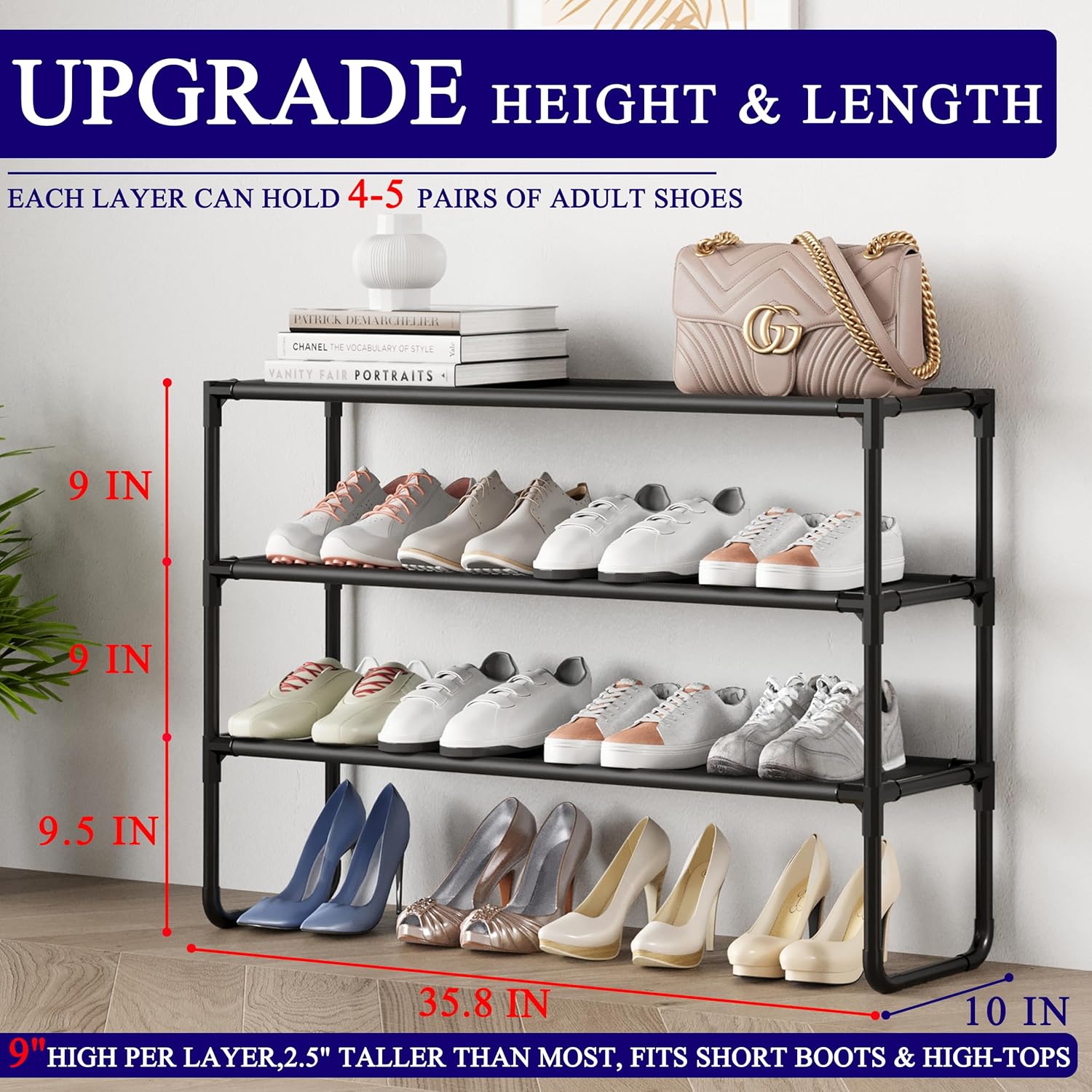 Skiennix 3-Tier Shoe Rack - Stackable Organizer for Closet & Entryway | Holds 16-20 Pairs, Black (35.8" Wide)