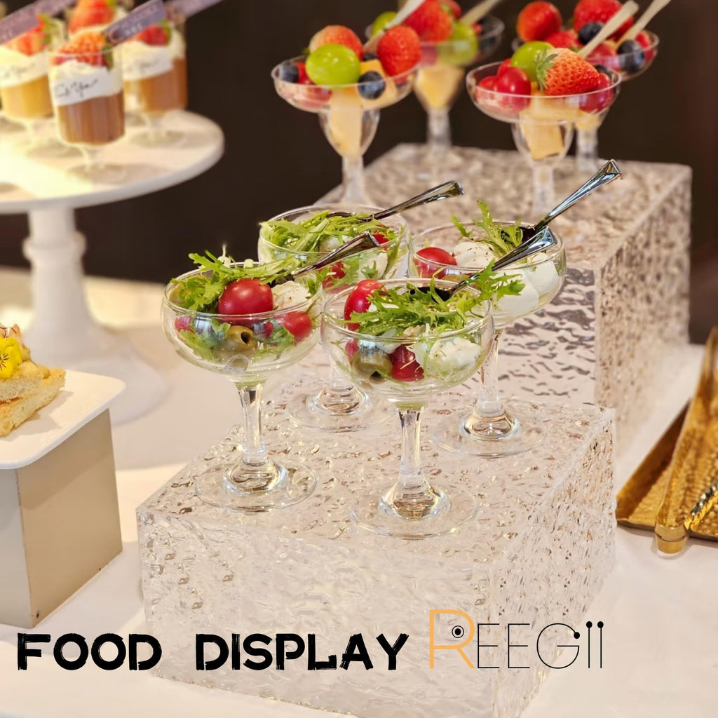 ReeGii 8PCS Buffet Risers Display Stands with 8PCS Mini Signs,Acrylic Cube Display Risers with Hollow Bottom, 2Sets (6, 6.5, 7, 8)" (Transparent, 2 Sets ( 6'',6.5'',7'',8'' ))