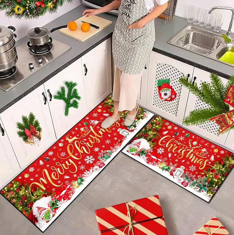 Merry Christmas Kitchen Rugs Set of 2, 17x47 and 17x30, Non-Slip Washable Mats for Christmas Decor