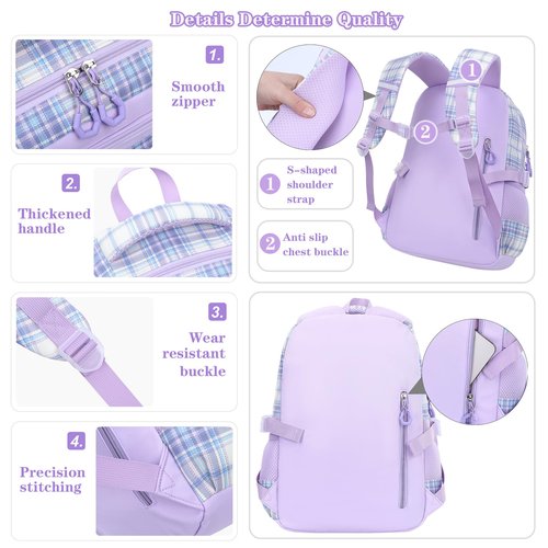 NSEQB Girls Backpack Set With Lunch Bag and Multi-Compartment Pencil Case,Cute Girls School Backpack For Kids,Childrens Schoolbag For Kindergarten Elementary Primary（Purple-3PCS）