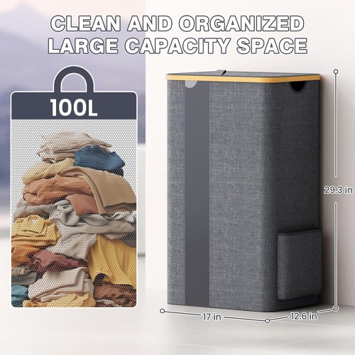 BlissTotes Laundry Basket - 100L Clothes Hamper with Lid & Removable Bag | Breathable Design - Light Grey
