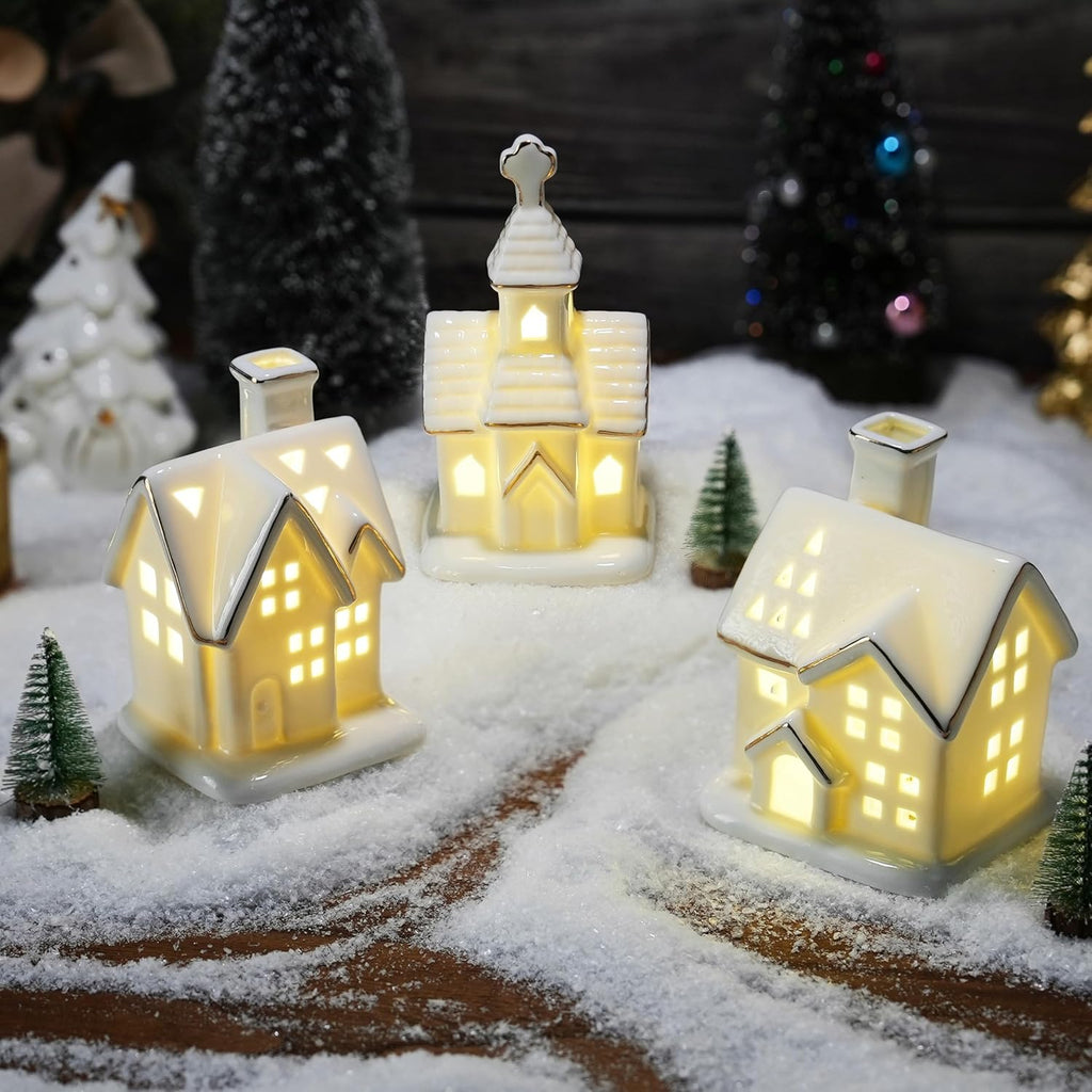 White Christmas Village Houses - 3Pcs Glazed Ceramic Houses with Trees | Light Up Xmas Decor Set