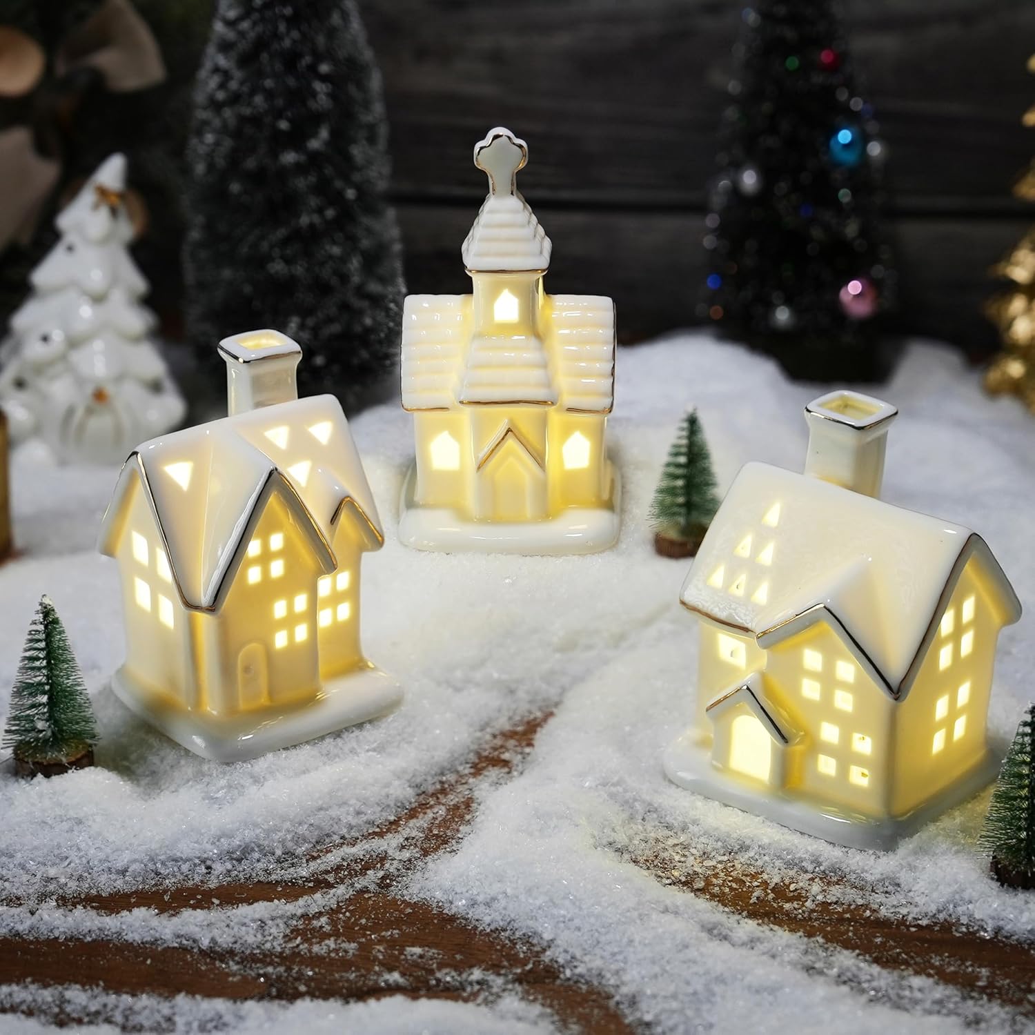 White Christmas Village Houses - 3Pcs Glazed Ceramic Houses with Trees | Light Up Xmas Decor Set