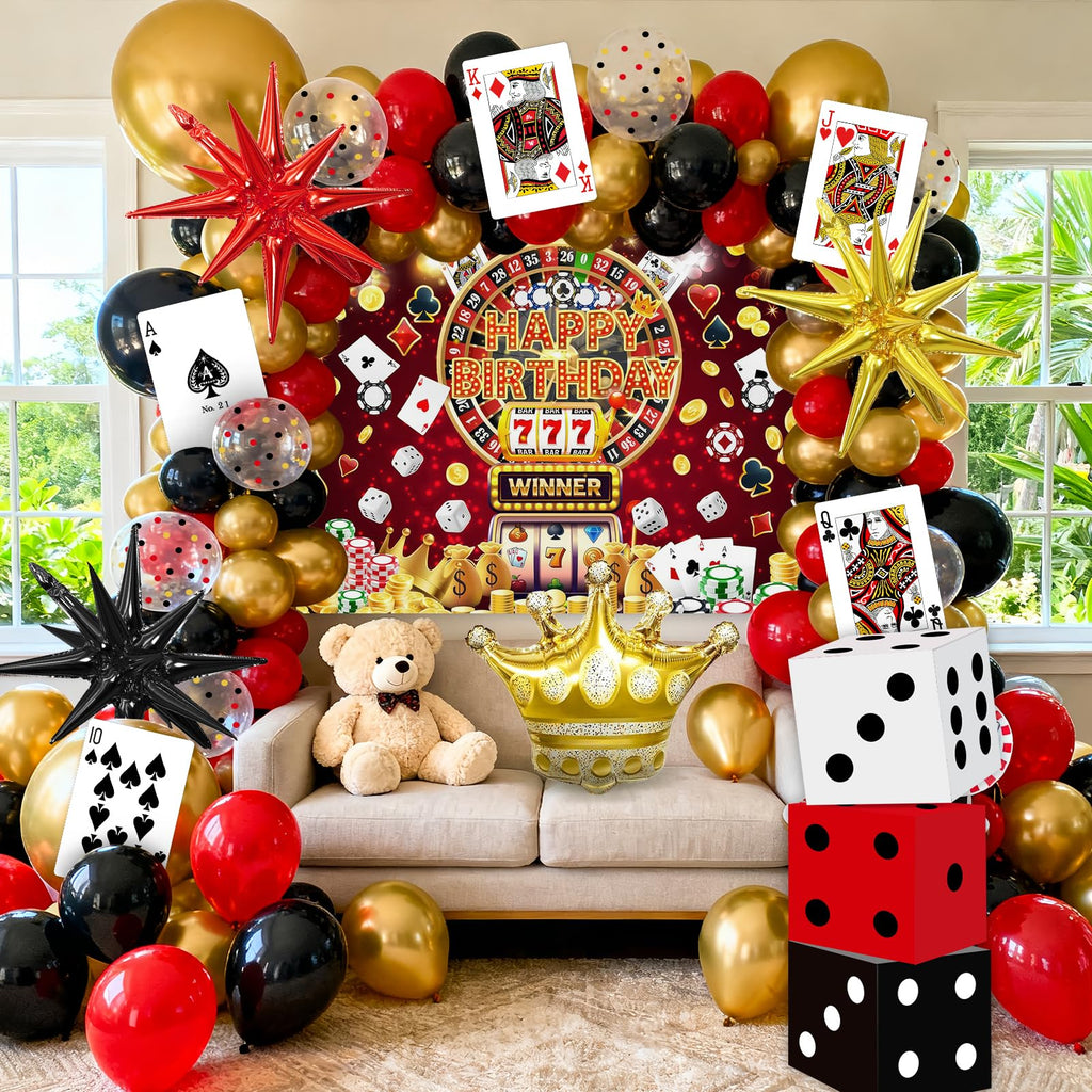 KaTiSeMo 128 Pcs Casino Theme Party Decorations Kit for Casino Night & Adult Birthday Party, Deluxe 59" Fabric Backdrop & Balloon Arch, 3 Large Dice Boxes, Poker Cards for Las Vegas Theme Event