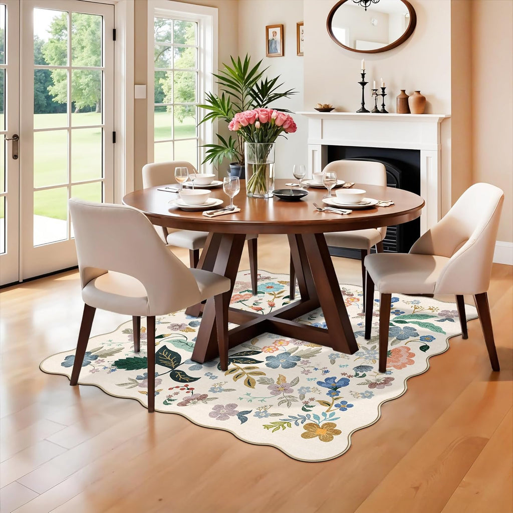 Skiennix Floral Square Area Rug - Washable 5x5 Soft Water-Resistant Carpet for Living Room & Bedroom | Non-Slip Backing, Cream