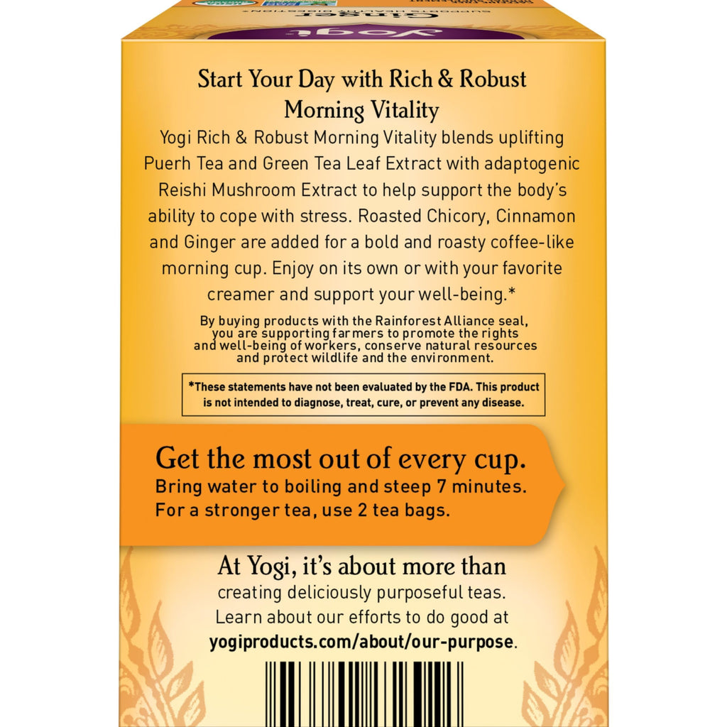 Yogi Tea Rich & Robust Morning Vitality - 16 Bags per Pack (6 Packs) - Organic Adaptogen Tea Perfect for the Morning - Includes Puerh Leaf, Roasted Chicory Root, Cinnamon Bark & More