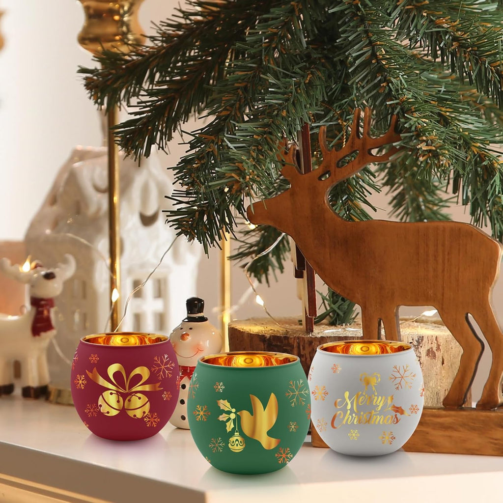 Skiennix Christmas Votive Candle Holder Set - 6 Red, Green & White Glass Tealight Holders with Laser Engraved Patterns for Festive Table Decor