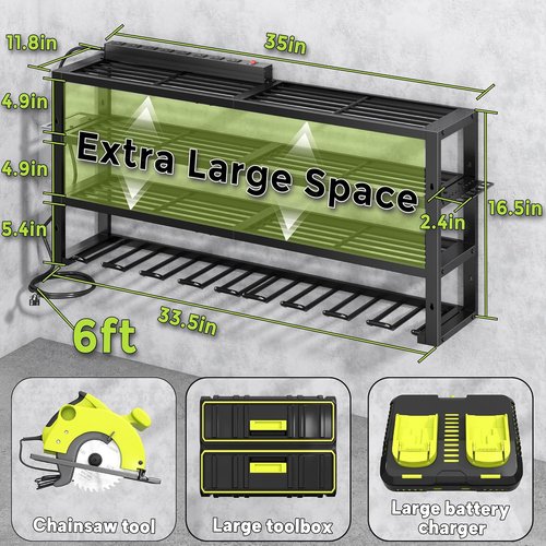 Heavy Duty Tool Organizer by [Brand Name] - Wall Mount with Charging Station & 8 Outlet Power Strip | 4 Layers for 8 Drills, Supports 420lbs