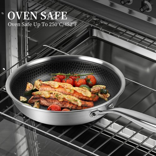 Innerwell Tri-Ply Stainless Steel Frying Pan Set with Lid,9.5Inch 11Inch Nonstick Honeycomb Stainless Steel Cooking Pan Set of 2 Skillet Works Pan for Cooking with Induction Gas Stovetops
