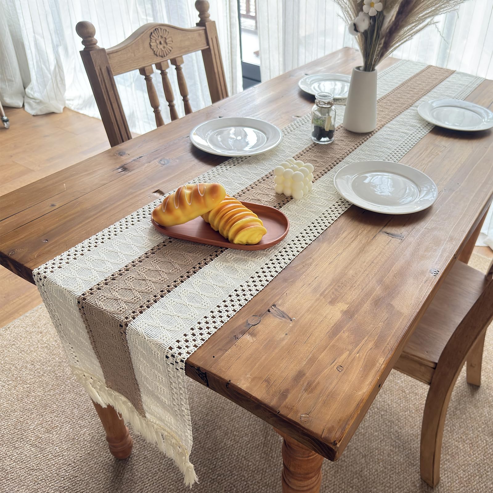 Vanzard Boho Table Runner for Spring Home Decor with Tassels 72 Inches, Farmhouse Rustic Cream & Brown Table Runners for Bohemian Kitchen Summer Dining Table(12x72in, Fringe Included)