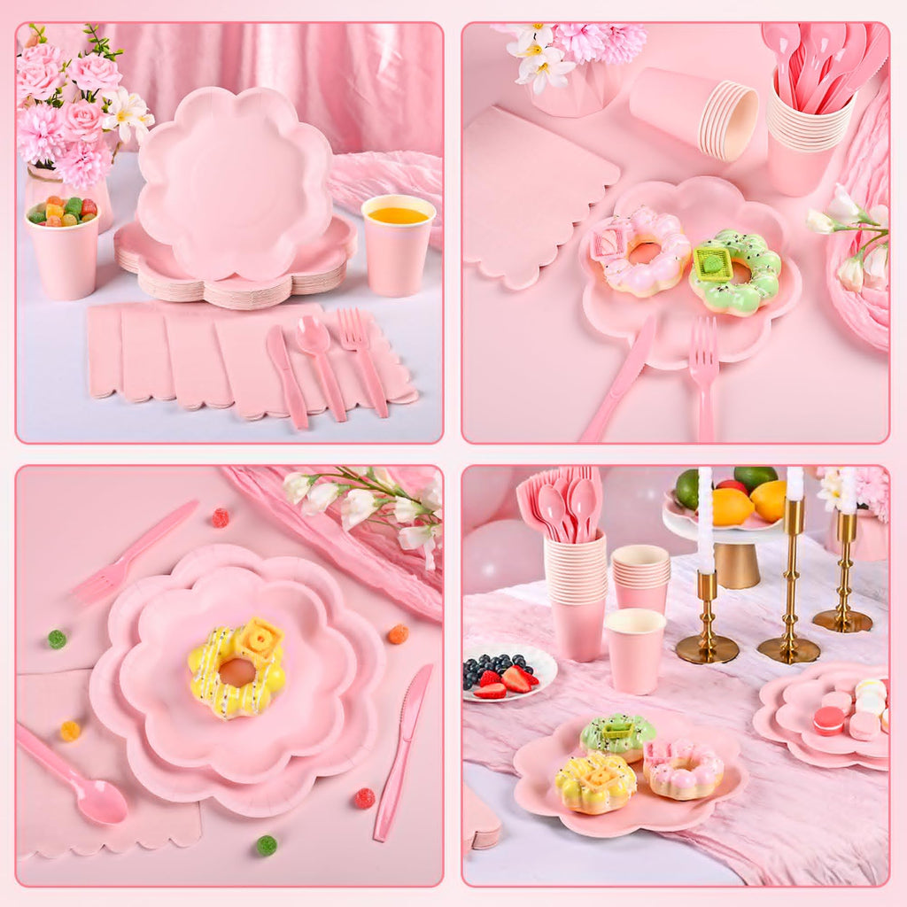 350 Pcs Pink Paper Plates and Napkins Set, Tableware Set for 50 Guests Include Disposable Pink Scalloped Plates, Napkins, Cups, Knives, Forks & Spoon for Baby Shower Mother's Day Wedding Birthday