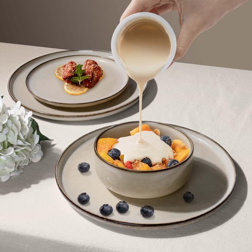 Herogo Stoneware Plates and Bowls Sets for 8, 24 Pieces Modern Round Dinnerware, Reactive Glaze Dishes Set for Kitchen, Chip Resistant, Microwave & Dishwasher Safe, Cream Khaki