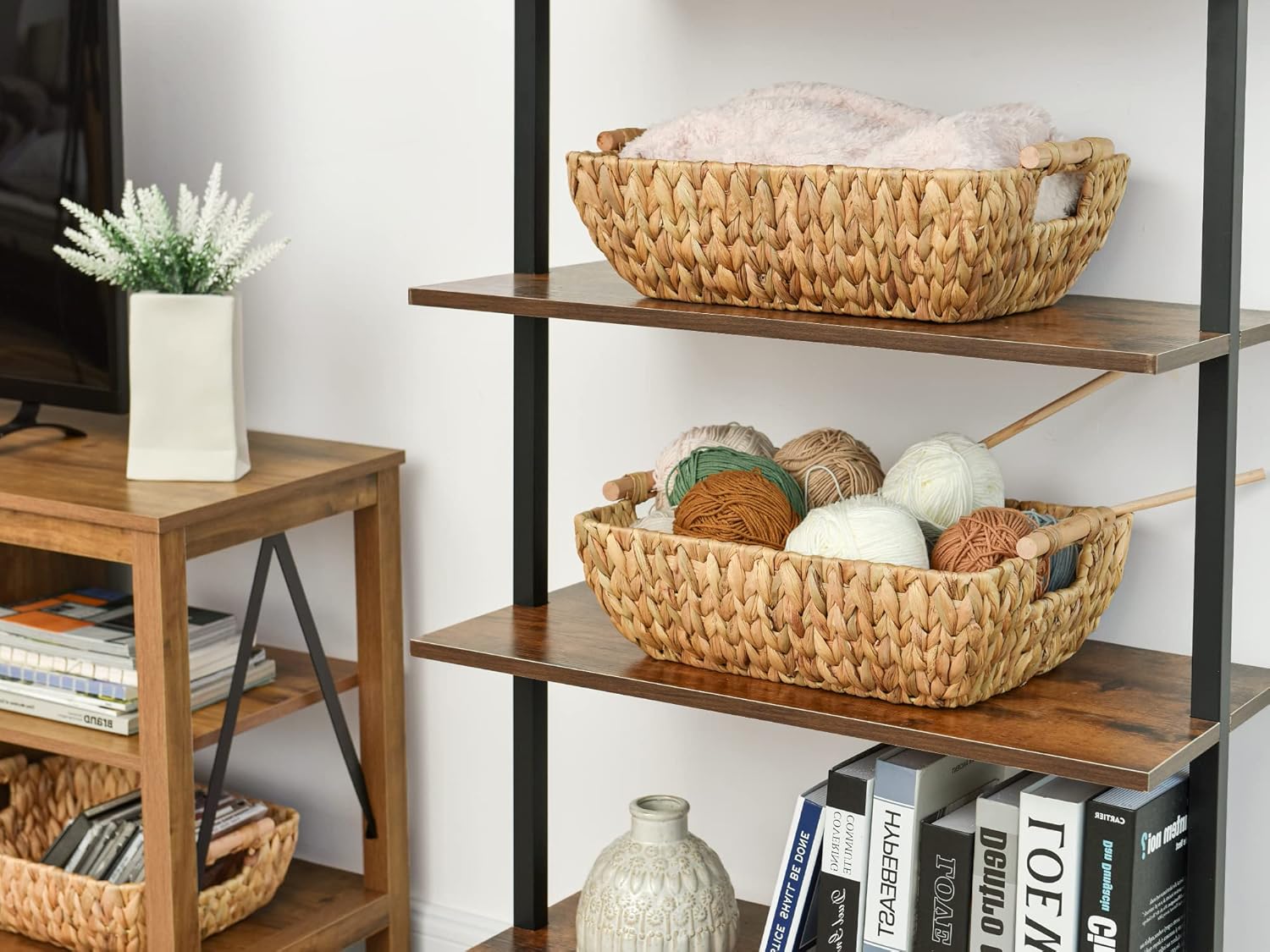 StorageWorks Hand-Woven Storage Baskets - Stylish Water Hyacinth Organizers with Wooden Handles | 2 Pack
