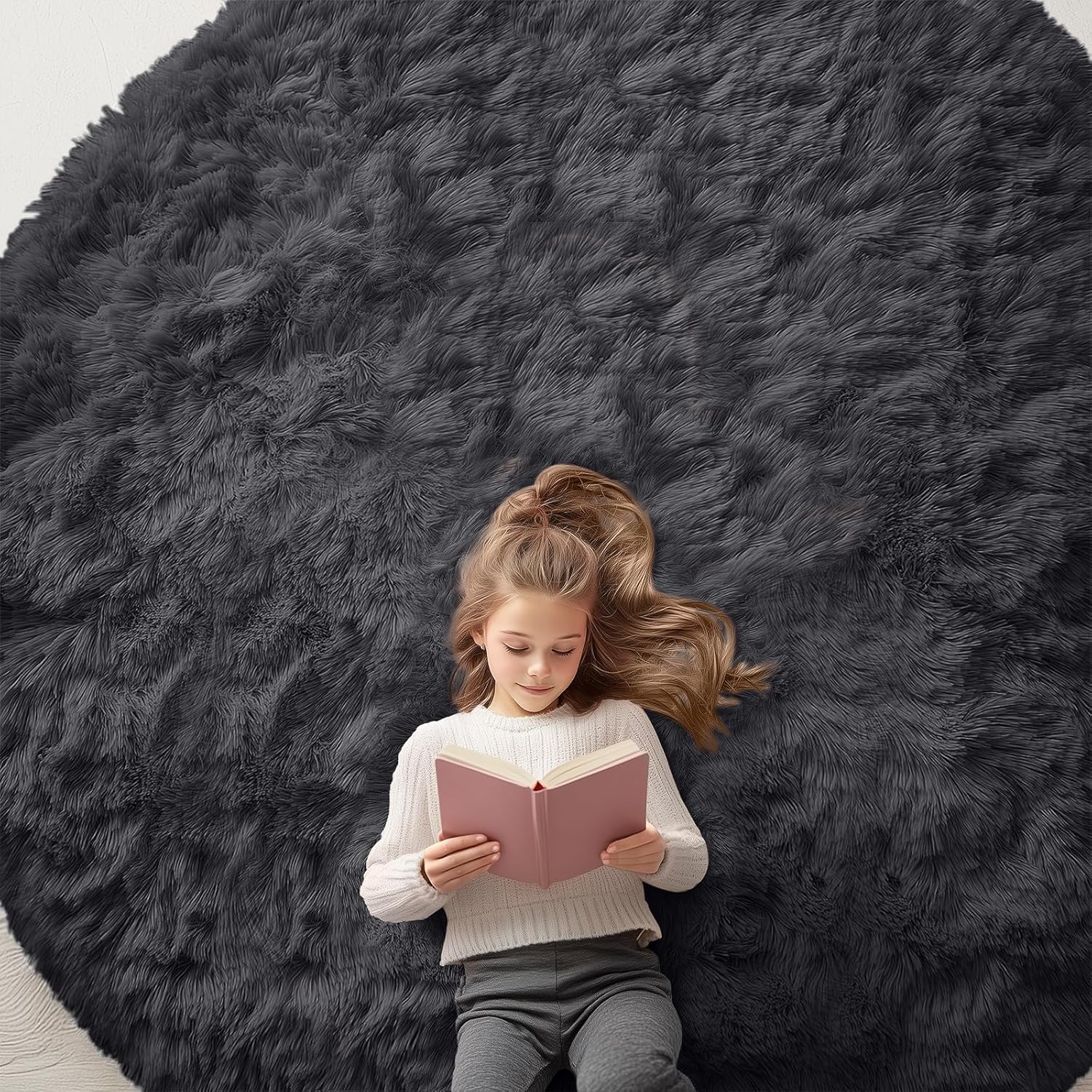 OLANLY Black Round Area Rug - Soft, Fluffy, Machine Washable 8 ft Circle Carpet for Bedrooms & Living Rooms
