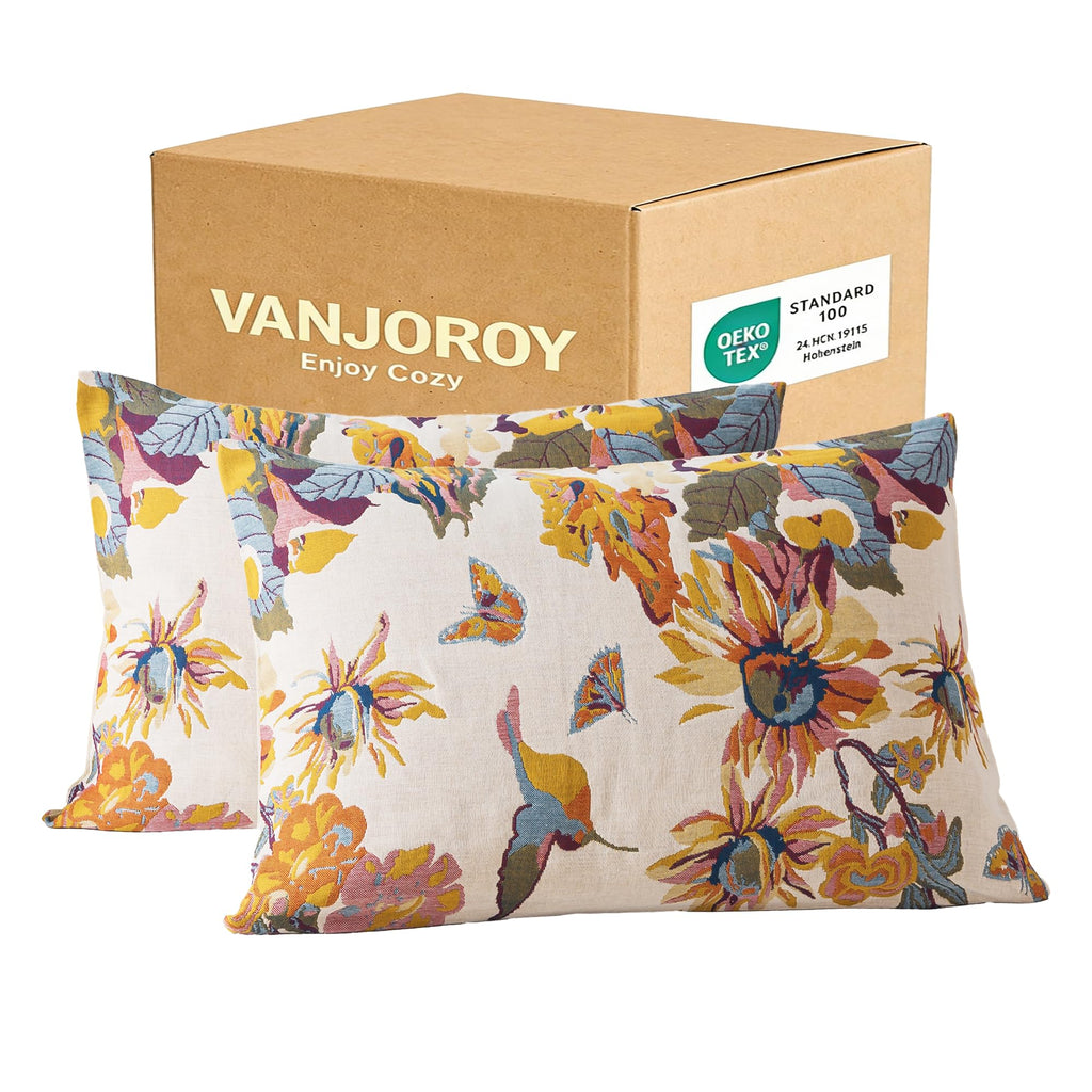 VANJOROY 100% Organic Washed Cotton Queen Pillowcases for Skin-Friendly Set of 2-1000 Thread Thick Count 20x30 Inches Luxury Boho Pillow Cases, Muslin Bird Floral Pattern Pillow Cover -Beige