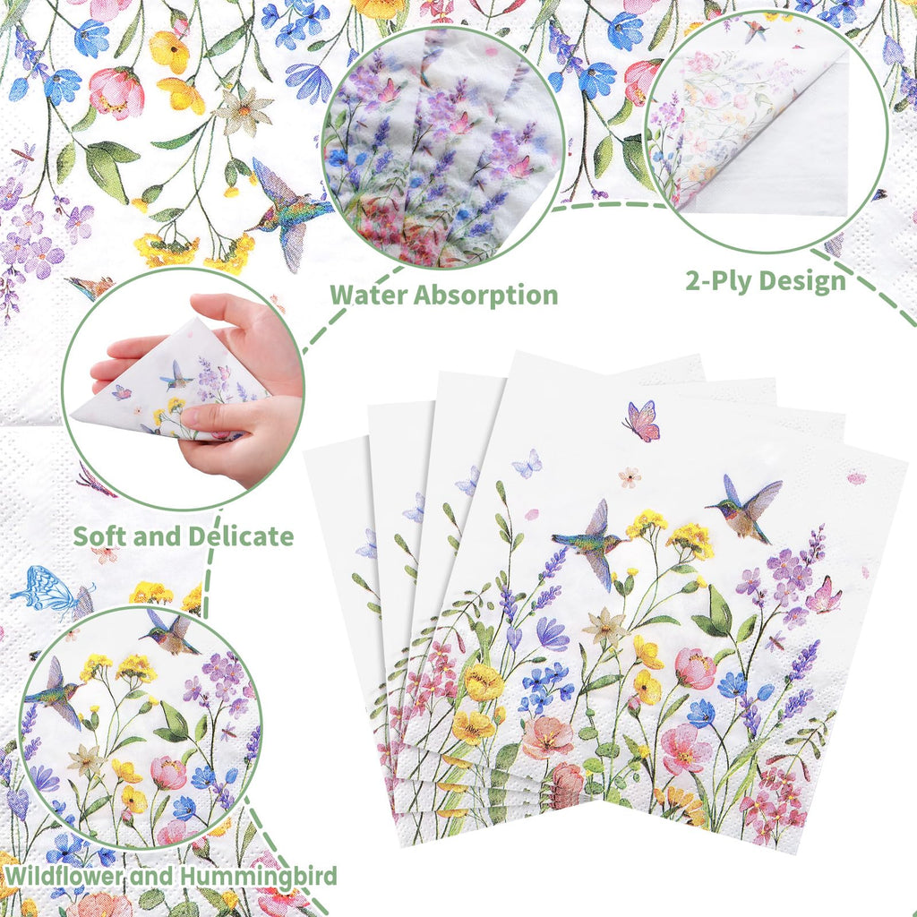 NatNarr 100 Pcs Wildflower Napkins, 2-Ply Floral Cocktail Napkins Spring Decoupage Napkin Butterfly Hummingbird Flower Dessert Beverage Napkin for Mothers Day, Baby Shower, Tea Party