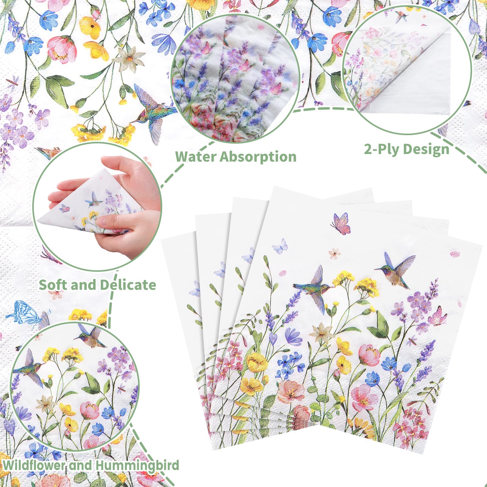 NatNarr 100 Pcs Wildflower Napkins, 2-Ply Floral Cocktail Napkins Spring Decoupage Napkin Butterfly Hummingbird Flower Dessert Beverage Napkin for Mothers Day, Baby Shower, Tea Party