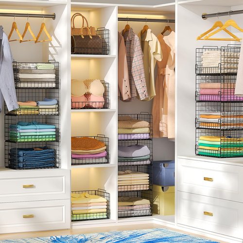 4-Tier Stackable Closet Organizers by [Brand Name] - Sturdy Metal Storage Bins for Space-Saving Wardrobe, Black