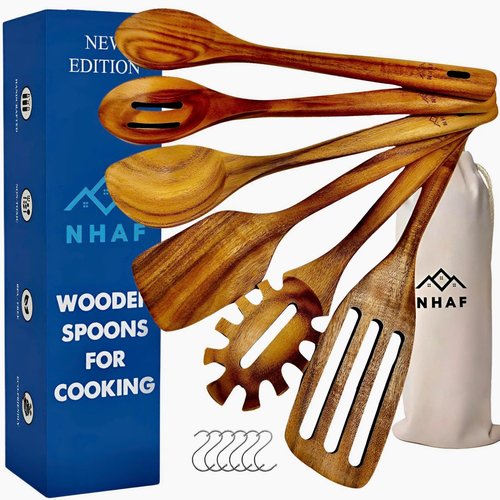 NHAF Wooden Utensils for Cooking, Premium Teak Healthy Spoons, Wooden Spoons for Cooking, Durable Eco-Friendly and Safe Teak Cooking Spoon, Cooking Gifts for Mom (set of 6) and Hooks