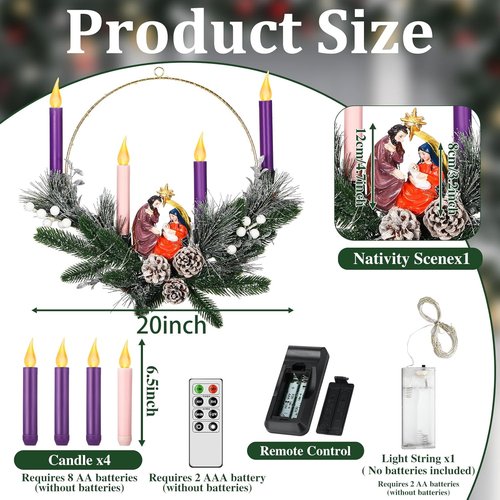 Chunful 20-Inch Christmas Advent Wreath - Flameless LED Candles & Nativity Scene Figurine