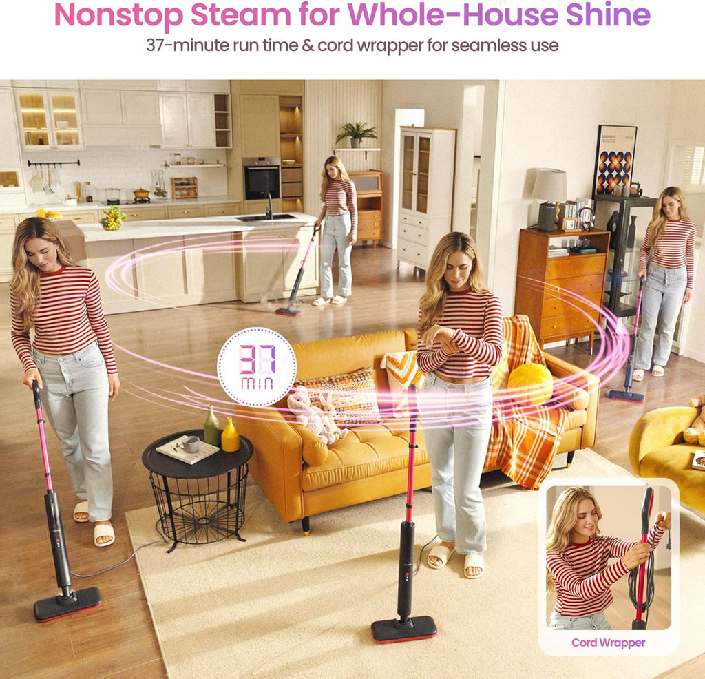 Schenley Steam Mop Cleaner - Powerful 15s Fast Heat-Up, Chemical-Free for Hardwood & Tile Floors | Lightweight & Self-Standing Design
