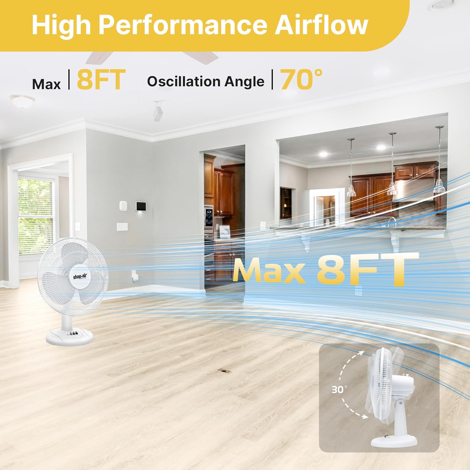 Shop-Air 12" Oscillating Table Fan - High-Velocity, Quiet Air Circulation | 3 Speeds, 70° Adjustable Head, White