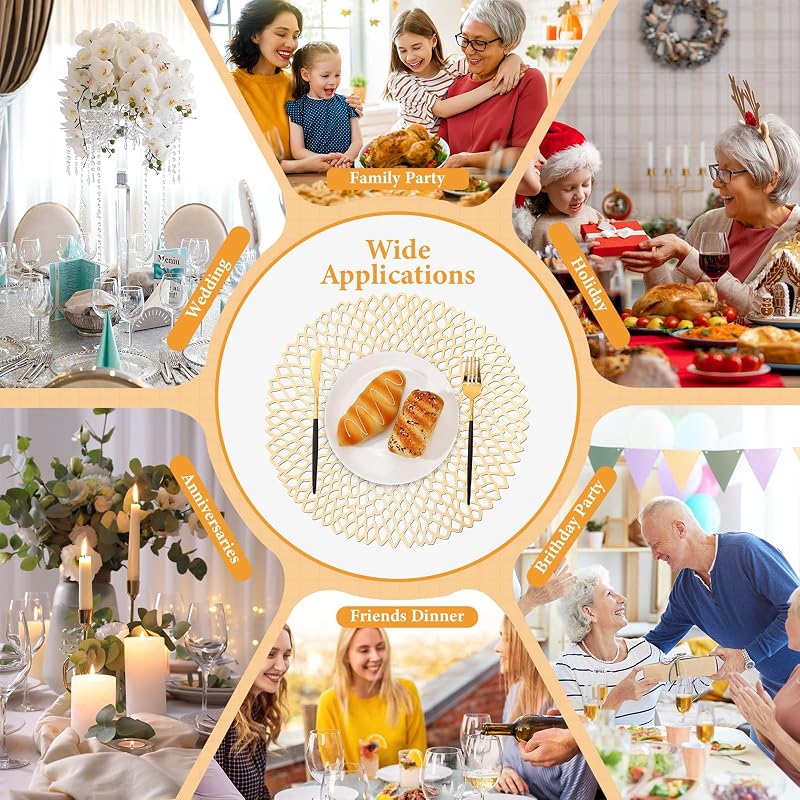 Gold Round Placemats 15 Inch Set of 48 - Non-Slip Vinyl Chargers for Christmas Dinner